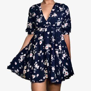 Yomi Flower Skater Dress - Navy